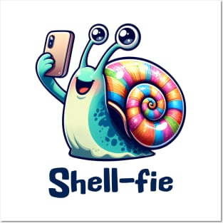 Cute happy snail taking a smartphone Shell-fie pun design Posters and Art